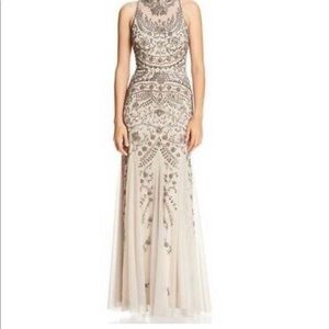 Aidan Mattox Beaded Mock Neck Halter Gown.